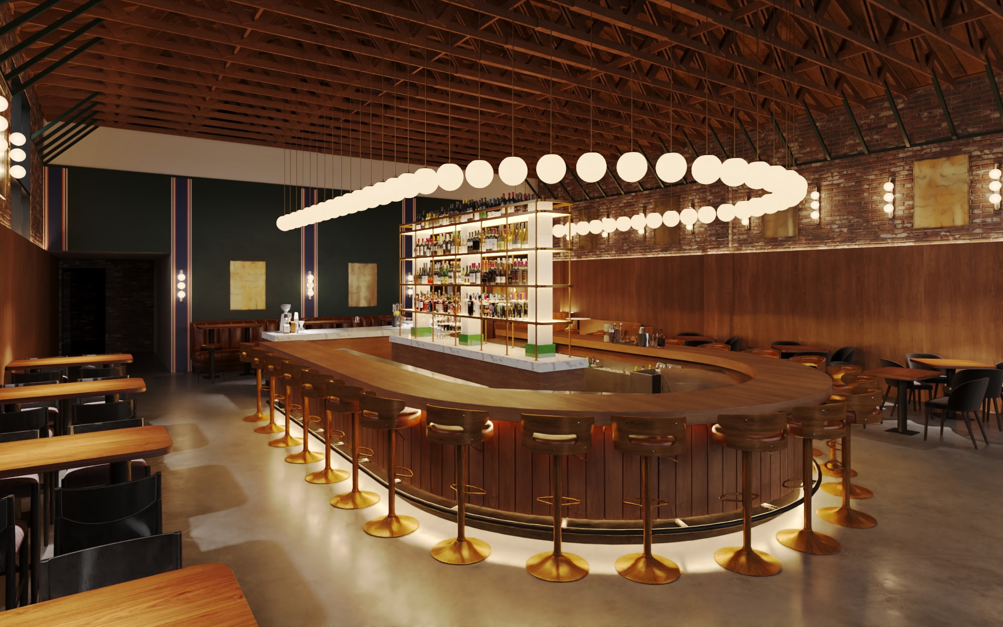 Malone's large circular wooden bar with globe pendant lights